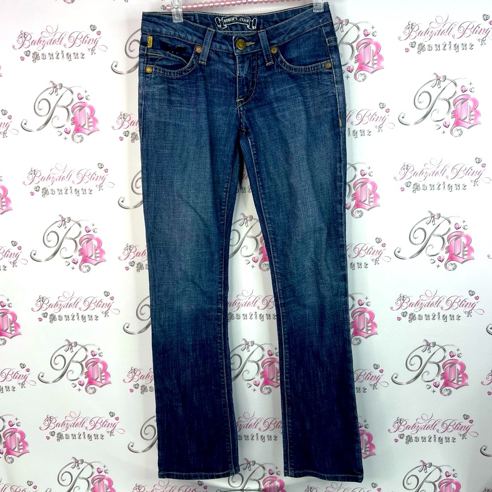 Robin's Jean patchwork jeans skulls. Rosses wings Dark Blue Straight Leg Jeans - Picture 2 of 10
